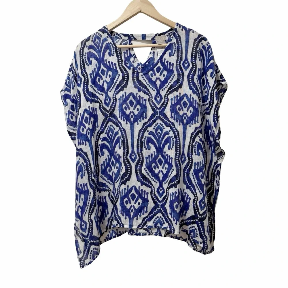 Chicos Womens 100% Linen Ikat Poncho Size S/M Blue Beach Resort Swim Cover Up